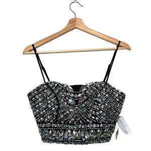 NWT Windsor Embellished Beaded Rhinestone Bustier Crop Top Black